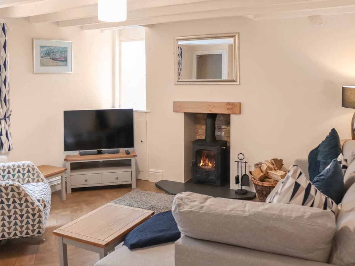 Comfortable lounge with sofas and a glowing wood burner
