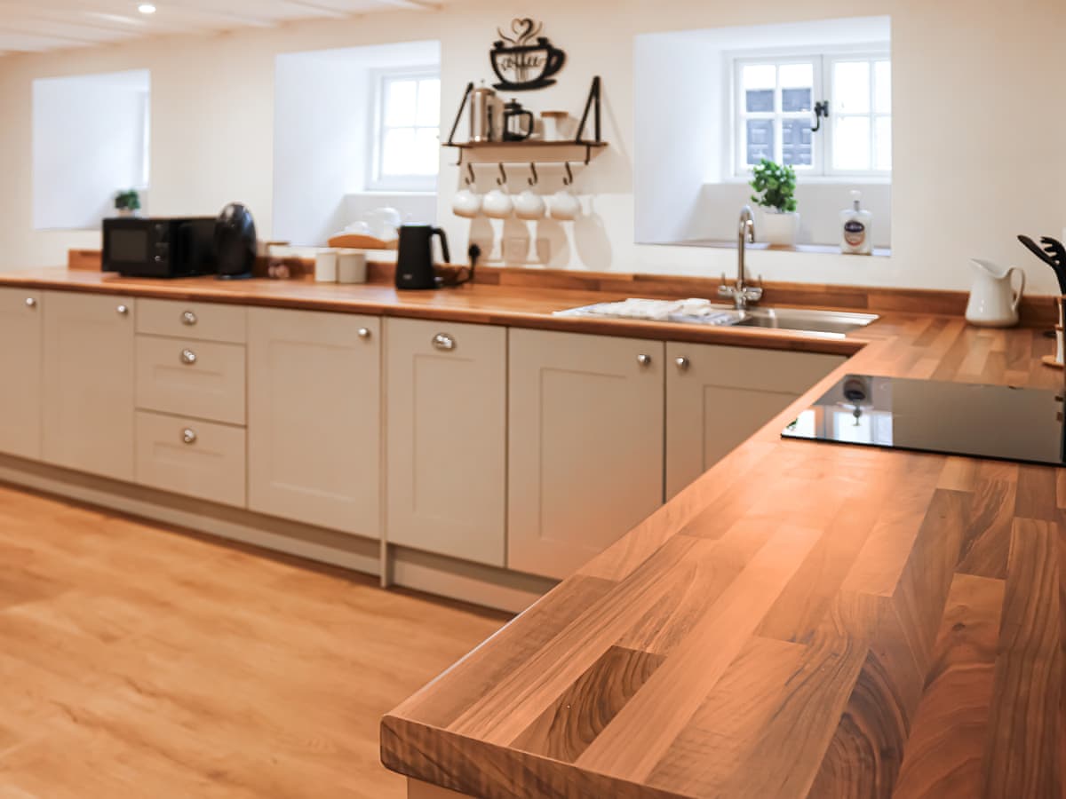 Long timber worktop in the kitchen